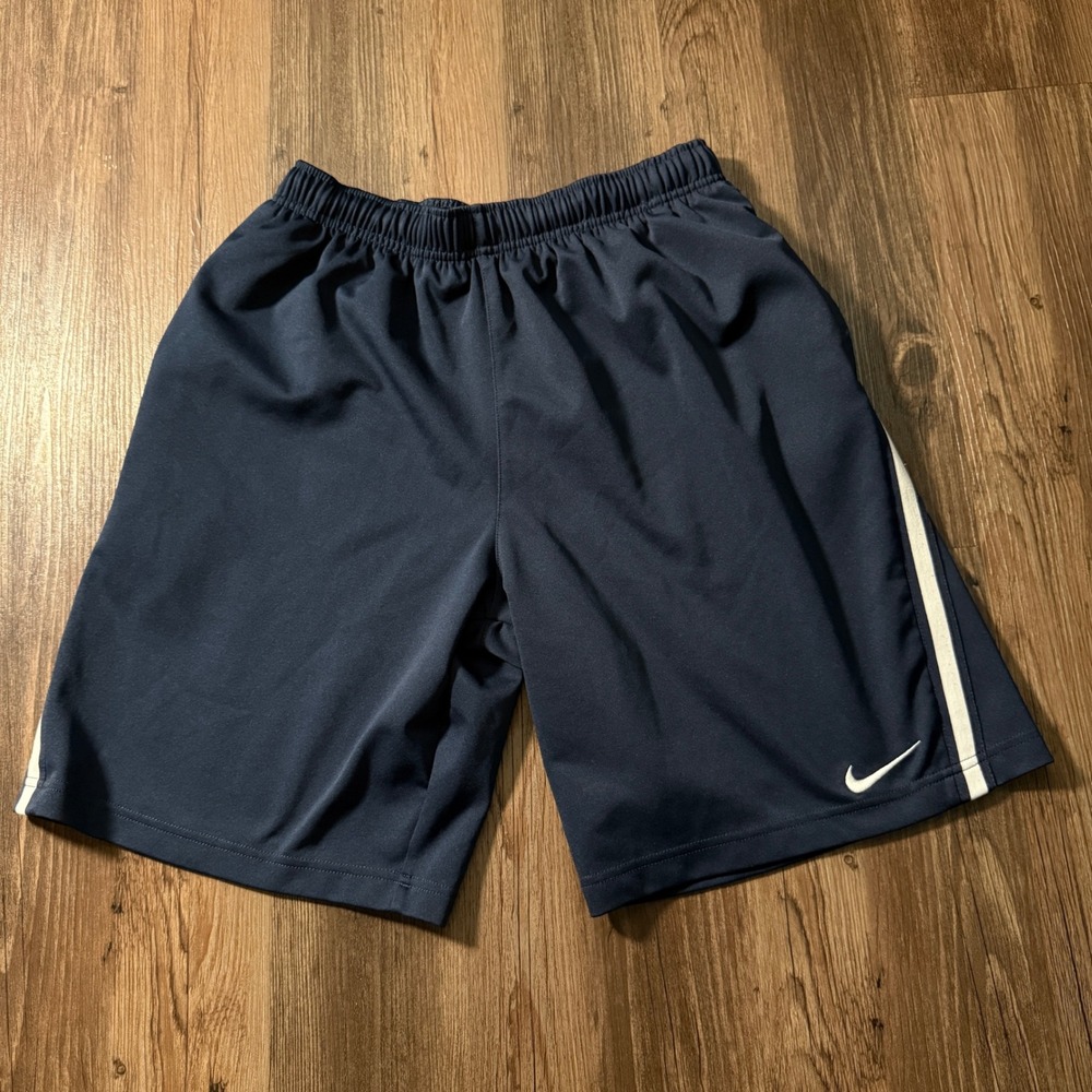 Nike Men's Athletic Basketball Shorts Medium Navy Blue White Stripe‎ Swoosh